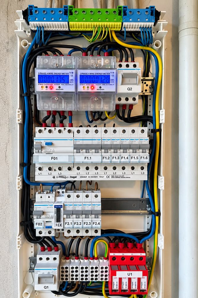 Neu aufgebauter Sicherungskasten mit Energiezählern und Überspannungsschutz